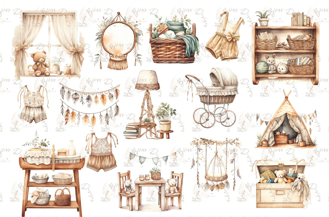 Boho Baby Shower PNG, Boho Nursery, Boho Baby Watercolor Clipart ...