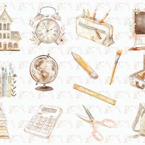 Clipart de útiles escolares en acuarela, accesorios escolares, clip art de maestros, clipart de regreso a clases en acuarela, clip art de estudio, paquete de clipart escolar