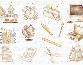 School Supply Clipart Watercolor, School accessories,Teacher clip art,Watercolor Back to School Clipart,Study Clip Art,School Clipart Bundle