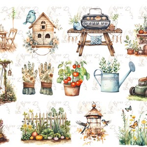 May include: A watercolor illustration of various garden and outdoor elements, including a birdhouse, a swing set, gardening gloves, a watering can, a lawnmower, a bird feeder, a fence, a grill, a pizza oven, and a shovel. The illustration is set against a white background with a repeating pattern of the words "Bliss Design".
