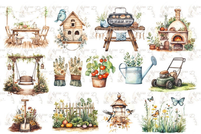 May include: A watercolor illustration of various garden and outdoor elements, including a birdhouse, a swing set, gardening gloves, a watering can, a lawnmower, a bird feeder, a fence, a grill, a pizza oven, and a shovel. The illustration is set against a white background with a repeating pattern of the words "Bliss Design".