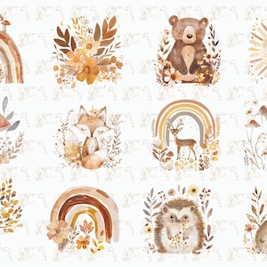 Animais da floresta clipart aquarela, animais da floresta clip art, animais da floresta clipart, decoração de outono da floresta, clipart de outono, animais boho png