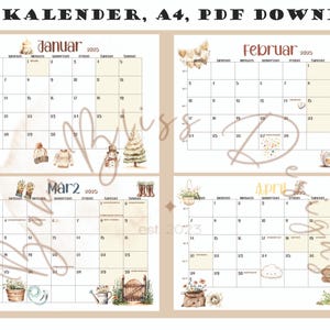 May include: A printable 2025 calendar with illustrations of winter and spring scenes. The calendar is divided into four sections, each representing a month: January, February, March, and April. The calendar is designed in a rustic style with a beige background and brown text.