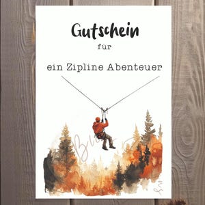 Könnte beinhalten: Ein Geschenkgutschein für ein Zipline-Abenteuer. Der Gutschein zeigt eine Aquarellillustration einer Person, die durch einen Wald ziplined.