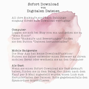 May include: A white background with black text and a pink watercolor wash. The text provides instructions on how to download digital files purchased on Etsy, including computer and mobile device guidance.