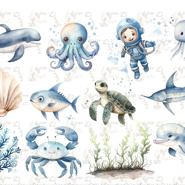 Ocean Clipart, sea clipart, Undersea Watercolor Clipart Bundle, Nursery Decor, Baby Wall Art, Cute Ocean Animals PNG, Baby Shower blue