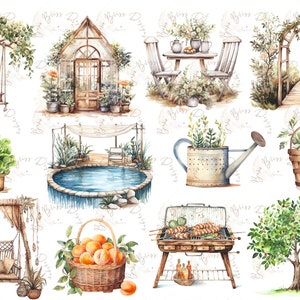 May include: A watercolor illustration set featuring various garden elements, including a greenhouse, a swing set, a pool, a table and chairs, a grill, a tree, a watering can, a basket of fruit, and an archway. The illustrations are painted in a soft, romantic style with muted colors.