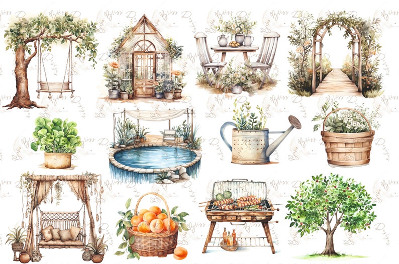 May include: A watercolor illustration set featuring various garden elements, including a greenhouse, a swing set, a pool, a table and chairs, a grill, a tree, a watering can, a basket of fruit, and an archway. The illustrations are painted in a soft, romantic style with muted colors.