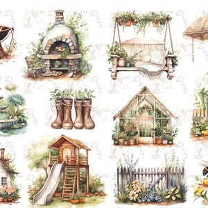 May include: A collection of 10 watercolor illustrations featuring various garden scenes. The illustrations include a wood-fired oven, a fountain, a greenhouse, a garden with vegetables, a swing set, a playhouse, a fence, a beehive, and a fire pit.