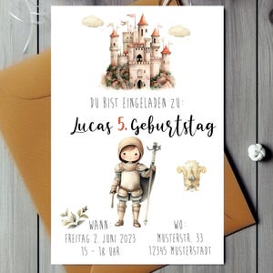 Convite de aniversário infantil cavaleiro menina menino castelo cavalo espada armadura DIN A5 personalizado cavaleiro digital festa conto de fadas com nome