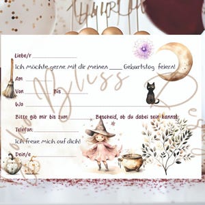 May include: A Halloween party invitation featuring a witch illustration, a black cat, a crescent moon, and a cauldron. The invitation includes space to fill in the date, time, and location of the party. The text reads: "Liebe/r Ich m&ouml;chte gerne mit dir meinen ___ Geburtstag feiern! Am Von Bis Wo Bitte gib mir bis zum Bescheid, ob du dabei sein kannst. Telefon: Ich freue mich auf dich! Dein/e"