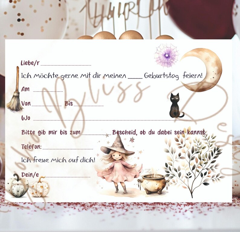 May include: A Halloween party invitation featuring a witch illustration, a black cat, a crescent moon, and a cauldron. The invitation includes space to fill in the date, time, and location of the party. The text reads: "Liebe/r Ich m&ouml;chte gerne mit dir meinen ___ Geburtstag feiern! Am Von Bis Wo Bitte gib mir bis zum Bescheid, ob du dabei sein kannst. Telefon: Ich freue mich auf dich! Dein/e"