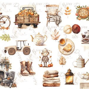 Może przedstawiać: Kolekcja akwarelowych ilustracji z jesiennymi motywami. Ilustracje przedstawiają rower, ciężar&oacute;wkę pełną dyni, czajnik, traktor, kominek, straszak, buty, stos koc&oacute;w, latarnię, ciasto, filiżankę kawy, indyka, nakryty st&oacute;ł i konewkę.