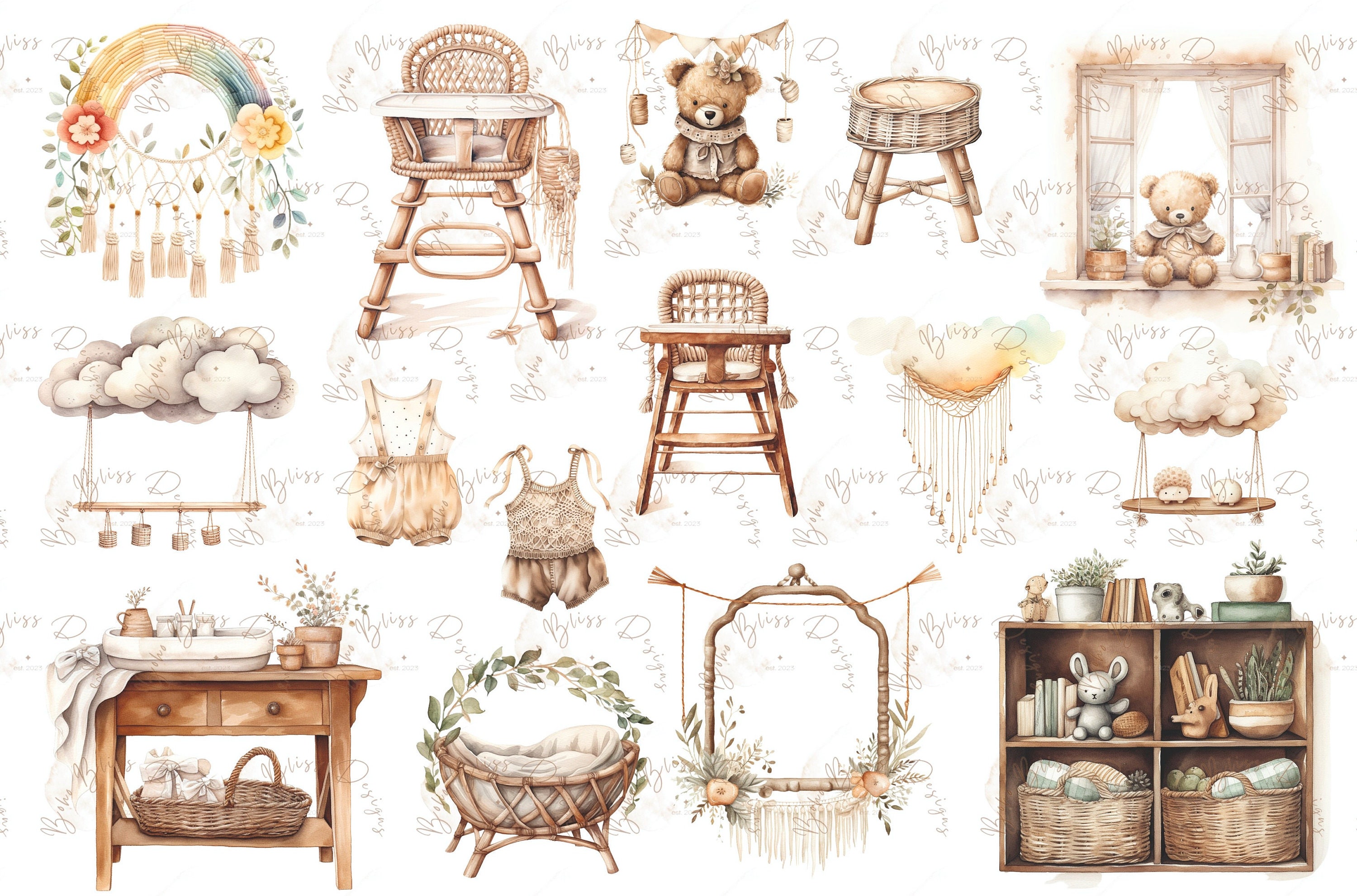 Boho Baby Shower PNG, Boho Nursery, Boho Baby Watercolor Clipart ...