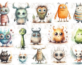 May include: A collection of 14 watercolour illustrations of whimsical, colourful monsters with various features, including horns, wings, and fur. The monsters are all smiling and have large eyes.