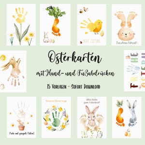 以下が含まれることがあります： 手形と足形のデザインが施されたイースターをテーマにしたグリーティングカードのコレクション。ウサギ、ヒヨコ、花などのデザインで、ドイツ語のテキストが添えられています。背景は明るい緑色です。