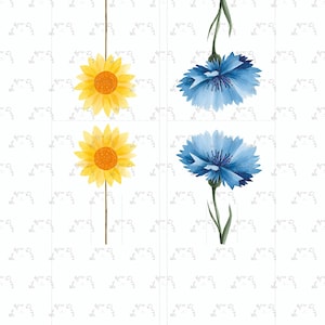 May include: Watercolour illustrations of sunflowers and blue cornflowers. The sunflowers have yellow petals and orange centres, while the cornflowers are a vibrant blue. The flowers are set against a white background with a subtle pattern.
