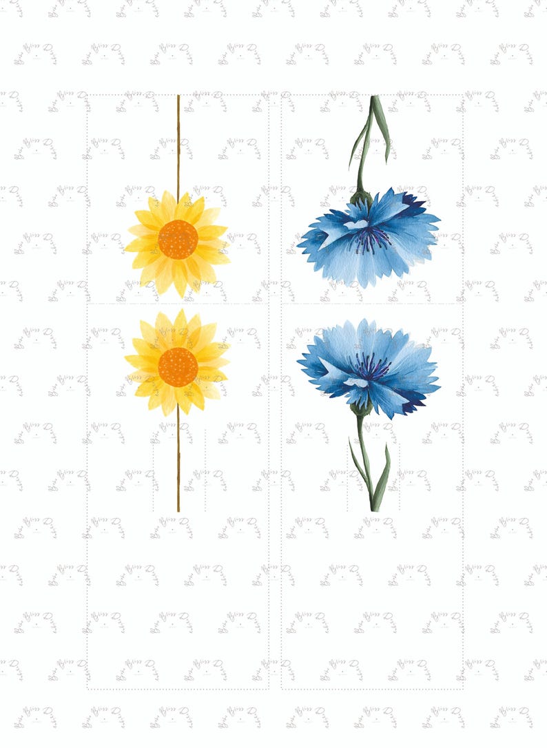 May include: Watercolour illustrations of sunflowers and blue cornflowers. The sunflowers have yellow petals and orange centres, while the cornflowers are a vibrant blue. The flowers are set against a white background with a subtle pattern.