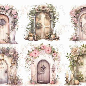Clipart de portes de fées de forêt aquarelle, aquarelle de porte magique fantastique, clipart magique aquarelle mignon, clipart de porte de fée, clipart fantastique png