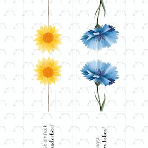 May include: Watercolor illustrations of sunflowers and cornflowers on a white background. The sunflowers are yellow with orange centres, and the cornflowers are blue. German text reads "bist einfach wunderbar!" and "pr&auml;gt f&uuml;rs leben!"