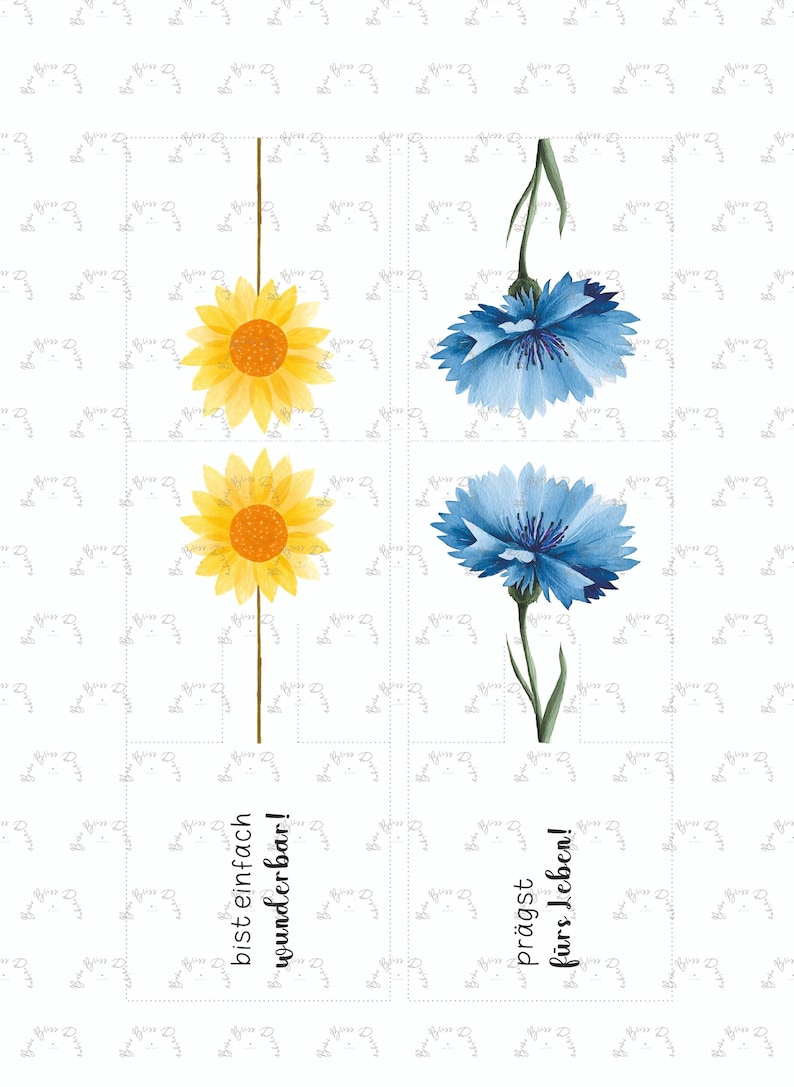May include: Watercolor illustrations of sunflowers and cornflowers on a white background. The sunflowers are yellow with orange centres, and the cornflowers are blue. German text reads "bist einfach wunderbar!" and "pr&auml;gt f&uuml;rs leben!"