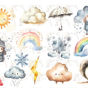 clipart météo, clipart arc-en-ciel, clipart météo mignon, autocollants de planificateur numérique météo mignons, clipart soleil, clipart nuage, clipart flocon de neige