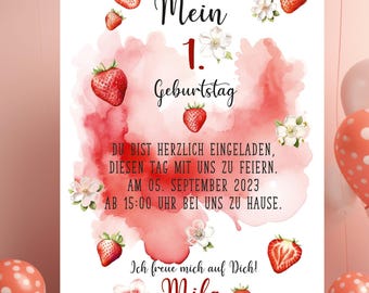 Invitation children's birthday strawberries digital invitation girl card with strawberries girl's birthday birthday invitation strawberries