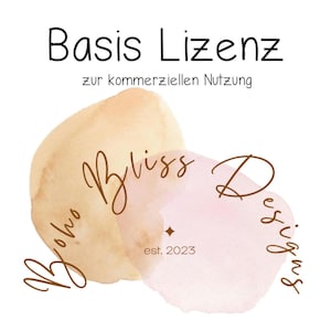 Könnte beinhalten: Eine Aquarell-Illustration von zwei sich überlappenden Kreisen in Rosa- und Orangetönen. Der Text "Basis Lizenz zur kommerziellen Nutzung" befindet sich oben im Bild. Der Text "boho Bliss Designs est. 2023" ist in brauner Kursivschrift innerhalb der Kreise geschrieben.