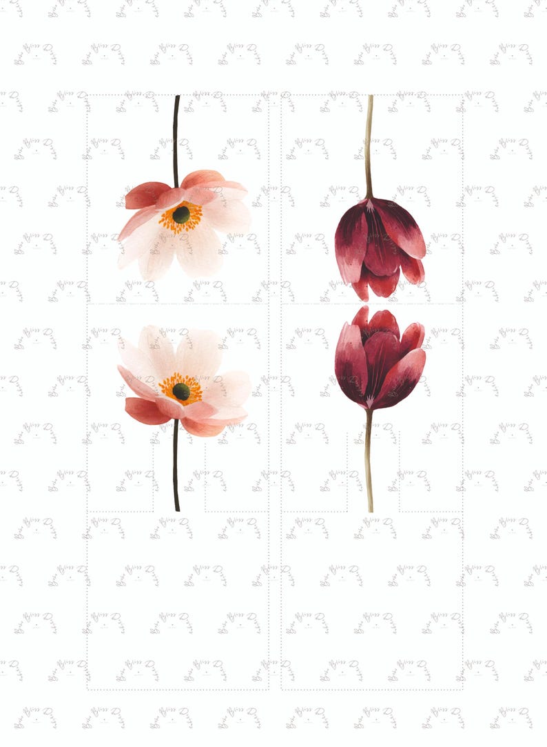 May include: Watercolour floral art showing four flowers. Two are light pink anemones with yellow centres, and two are deep burgundy tulips. The flowers are on long stems against a white background with a subtle pattern.