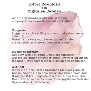 May include: A pink and white watercolour background with black text explaining how to download digital files purchased on Etsy. The text explains how to download files on a computer, mobile device, or as a guest.