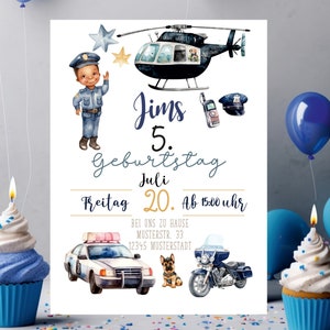 Convite de aniversário infantil, polícia, menino, menina, carro de polícia, helicóptero, cão de polícia, din a5, personalizado, festa de convite de polícia