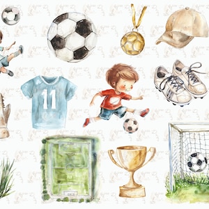 Imágenes prediseñadas de fútbol en acuarela, imágenes prediseñadas de deportes para niños, imágenes prediseñadas de fútbol, paquete de imágenes prediseñadas de fútbol en acuarela, imágenes de balones de fútbol, gráficos de fútbol