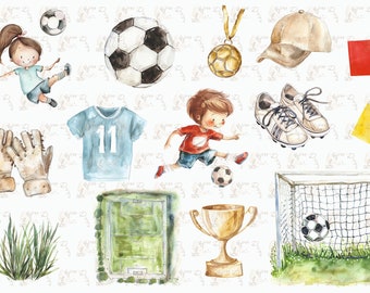 Watercolor Football clipart, Kids Sport clip art, Soccer clipart, Football Watercolor Clipart Bundle, Soccer Ball Images, Football graphics