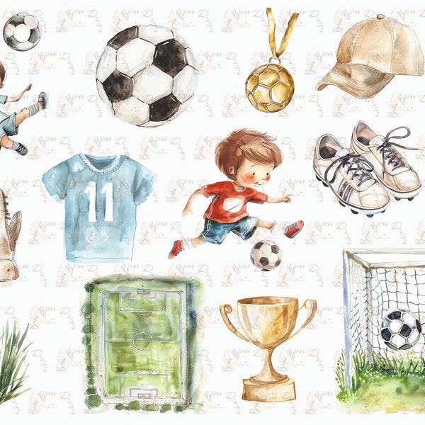 Watercolor Football clipart, Kids Sport clip art, Soccer clipart, Football Watercolor Clipart Bundle, Soccer Ball Images, Football graphics