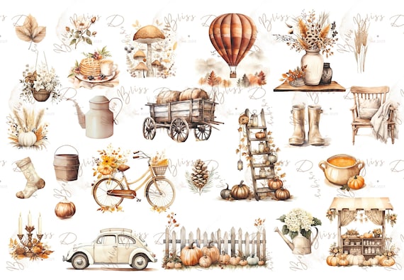 Watercolor Autumn Elements Clipart, Autumn Celebration, Pumpkin Clipart, Pine Cone, Watercolor Fall Floral, Fall Clipart, Rusty Foliage