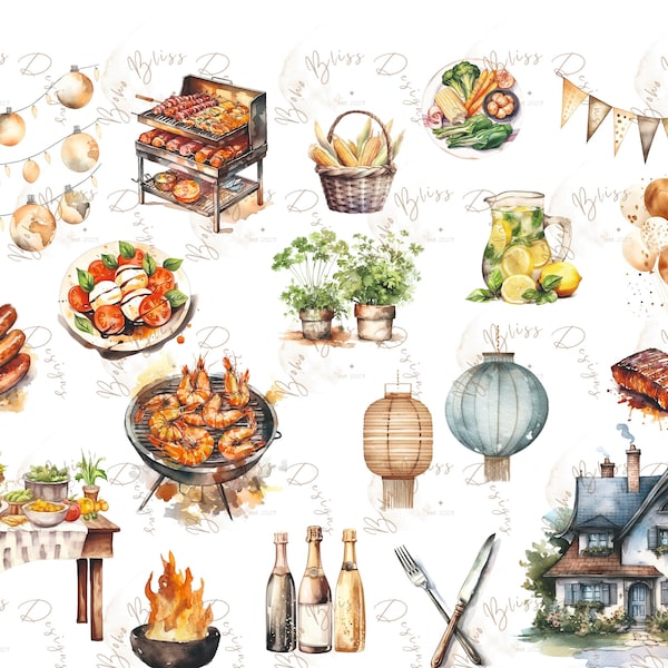 Watercolor BBQ Weekend Clipart, Summer Barbecue, Food Clipart, Summer Clipart, Barbecue Clipart, BBQ, Grill Clipart, Summer Party, Barbecue Party