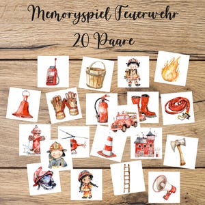 Könnte beinhalten: Ein Memory-Spiel mit 20 Kartenpaaren, die Feuerwehrgeräte und Feuerwehrleute zeigen. Die Karten zeigen Bilder von einem Feuerwehrauto, einem Hydranten, einem Feuerlöscher, einer Leiter, einem Feuerwehrschlauch, einer Axt, einem Helm, einem Eimer, einem Feueralarm, Handschuhen und einem Feuerwehrmann.