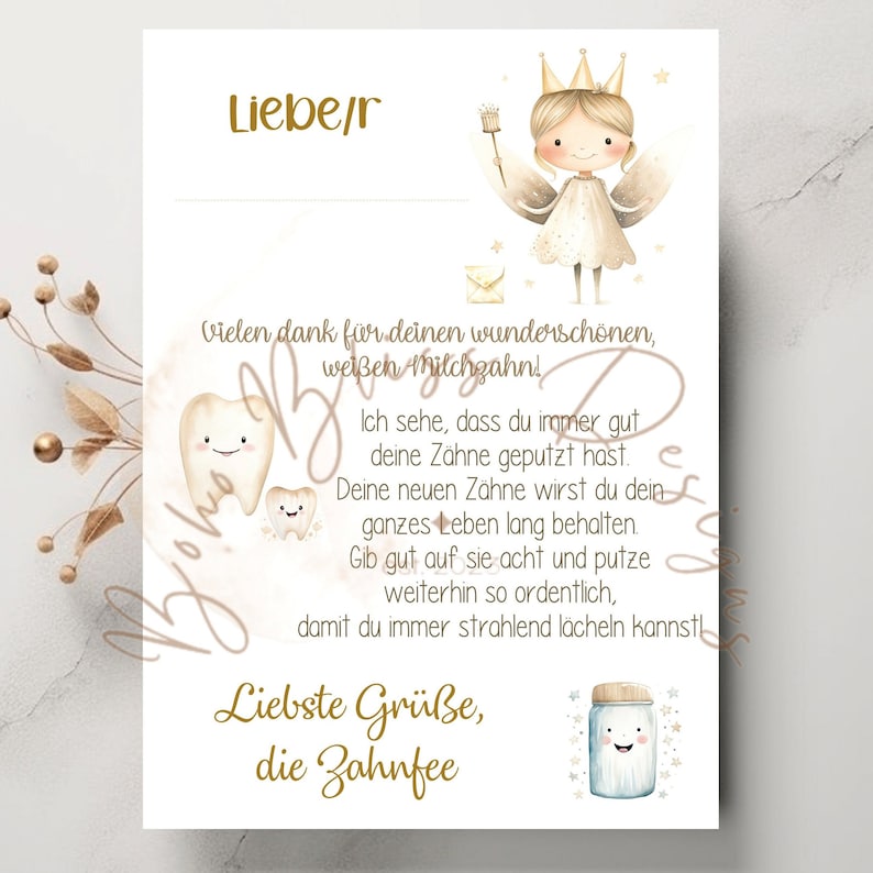 May include: A card with a tooth fairy illustration and a message about taking care of teeth. The card says "Liebe/r" at the top and "Liebste Gr&uuml;&szlig;e, die Zahnfee" at the bottom.