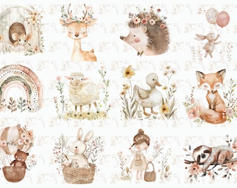 Pode incluir: Um conjunto de 12 ilustrações de aquarela que representam vários animais da floresta, incluindo um veado, um ouriço, um coelho, uma raposa, uma ovelha, um pato, um bicho-preguiça, um urso e um rato. As ilustrações estão sobre um fundo branco com um delicado padrão floral.