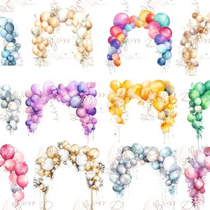 May include: A collection of 10 watercolor illustrations of balloon arches in various colors, including blue, gold, purple, yellow, green, and pink. Each arch is made of a cluster of balloons, with some arches having a more organic, flowing shape, while others are more structured. The arches are all set against a white background.