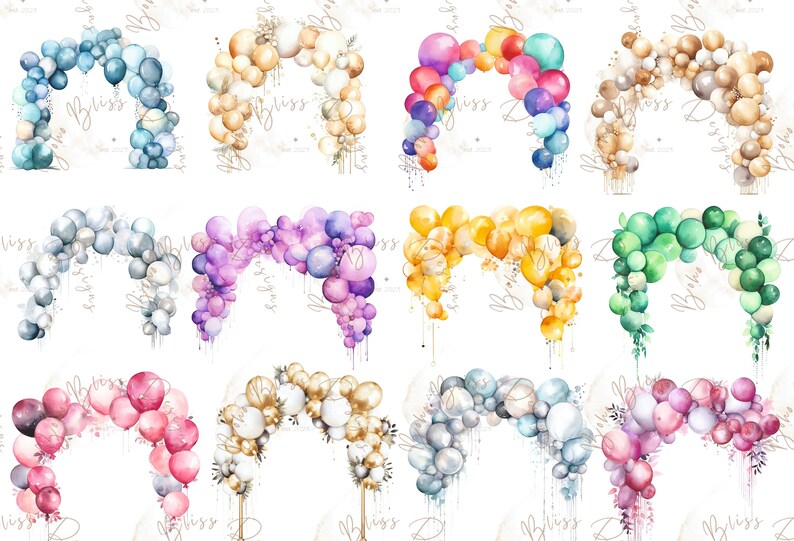 May include: A collection of 10 watercolor illustrations of balloon arches in various colors, including blue, gold, purple, yellow, green, and pink. Each arch is made of a cluster of balloons, with some arches having a more organic, flowing shape, while others are more structured. The arches are all set against a white background.