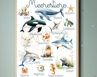 Póster de criaturas marinas, criaturas marinas, póster de habitación infantil criaturas marinas, imagen infantil criaturas marinas, imagen infantil mar, decoración de pared mar