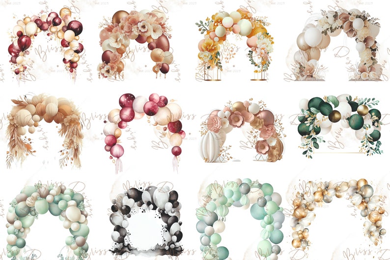 May include: A collage of ten different balloon arch designs. Each arch is made of balloons in various colors and patterns, including gold, white, cream, pink, red, green, and black. Some arches are decorated with flowers, greenery, and other embellishments.
