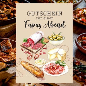Bon de soirée tapas, soirée culinaire, bon de nourriture, carte de bon de nourriture, soirée espagnole, modèle de bon de nourriture, fête de tapas
