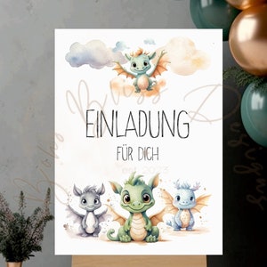 Einladung Drache, Karte Drache, Postkarte Drache, Geburtstagseinladung für Kinder, Drachenparty, Drachengeburtstag, Sofort Download PDF