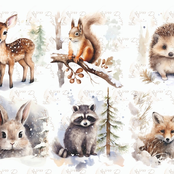 Winter Clipart, Animal Clipart, Watercolor Christmas Animals Clipart, winter animal clipart, winter holidays png, cute animals clipart
