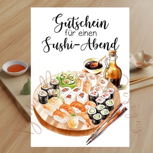 Sushi voucher, voucher card, card voucher, card with voucher, sushi, eating sushi, dinner invitation, sushi invitation, sushi night