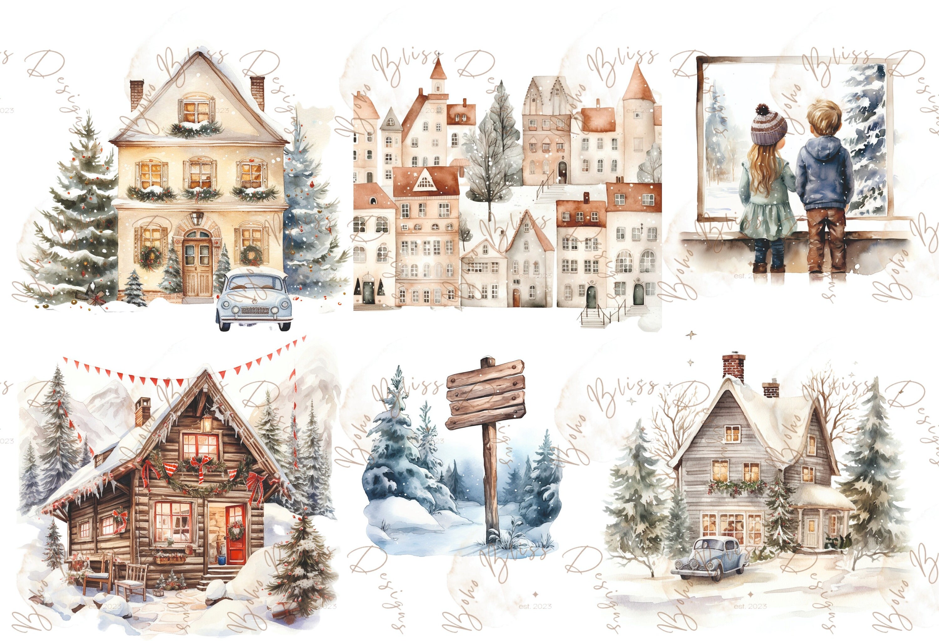 Watercolor Christmas Clipart Winter Houses Cozy Clipart Winter - Etsy