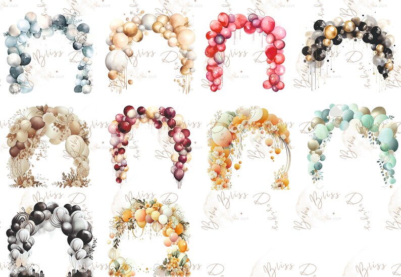 May include: Ten different balloon arch designs featuring various colors and styles. The arches are made of balloons and are arranged in a semi-circle shape. The arches are decorated with flowers, greenery, and other embellishments.