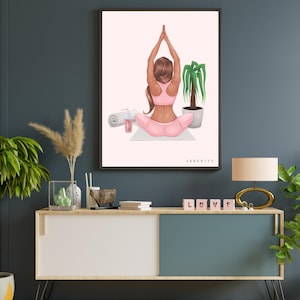 Serenidad Yoga Arte Impresión, Manos Arriba Lotus Pose Fitness Ejercicio Zen Cartel, Yoga Mat Bebida Deportes Chica Yoga Sala Decoración, Arte Refrescante Calmante